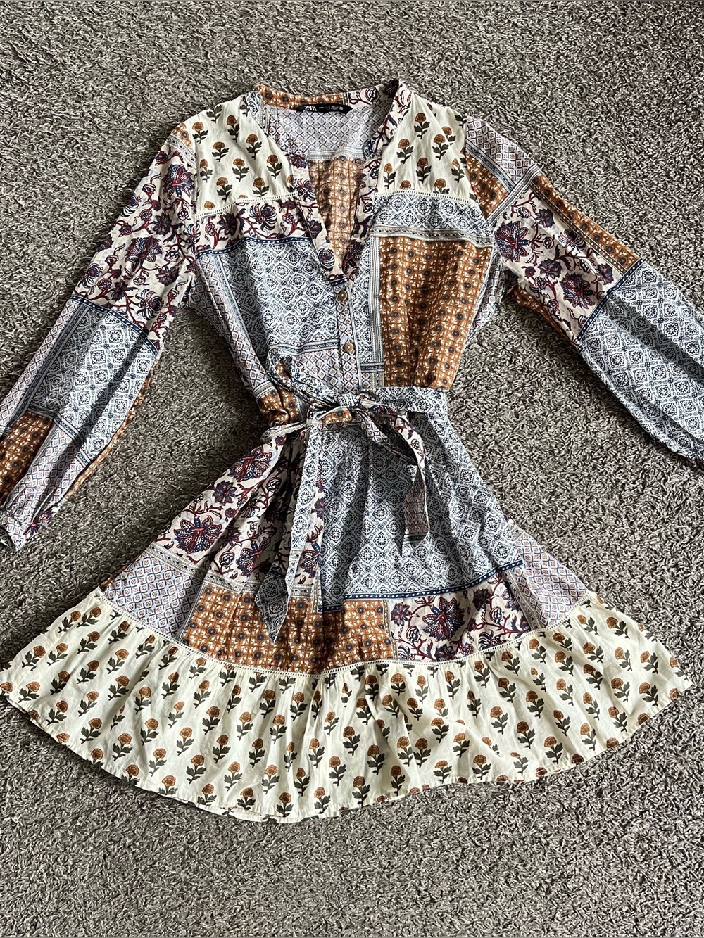 ZARA Patchwork Belted Long Sleeve Dress Medium Boho Cottagecore Floral Earthy